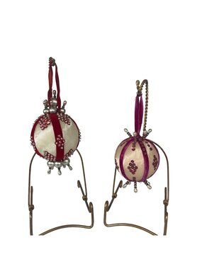 Vintage Velvet Sequin Ornament Set Pink Red Pearl Satin Handmade Holiday Decor